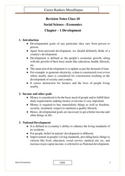 Class X Economics 
www.vedantu.com 
1 
 
 
 
 
Revision Notes Class 10 
Social Science - Economics 
Chapter – 1 Development