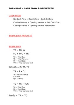 FORMULAS – CASH FLOW & BREAKEVEN 
 
CASH FLOW 
Net Cash Flow = Cash Inflow – Cash Outflow 
Closing Balance = Opening balance