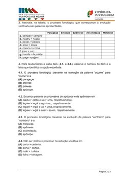3. Assinala, na tabela, o processo fonológico que corresponde à evolução
verificada nas palavras apresentadas.
Paragoge
Sínco