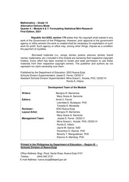 Mathematics – Grade 10  
Alternative Delivery Mode  
Quarter 4 – Module 6 & 7: Formulating Statistical Mini-Research