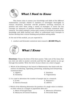 What I Need to Know  
 
 
This lesson aims to assess your knowledge and skills of the different 
mathem