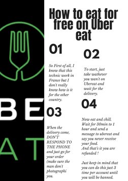 How to eat for
free on Uber
eat
 
04
Now eat and chill.
Wait for 30min to 1
hour and send a
message to ubereat and
say you ne
