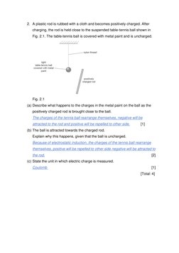 2. A plastic rod is rubbed with a cloth and becomes positively charged. After 
charging, the rod is held close to the suspend
