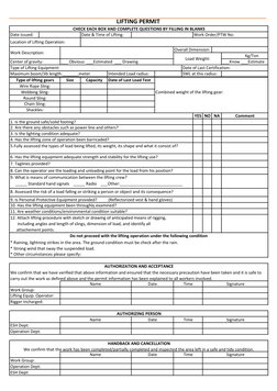 Date issued:
Date & Time of Lifting:
Work Order/PTW No:
Overall Dimension:
Kg/Ton
Center of gravity: 
___ Obvious  ___Estimat