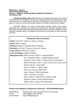 Mathematics – Grade 8 
Self-Learning Module (SLM) 
Quarter 1 – Module 3: Illustrating Rational Algebraic Expressions 
Fir