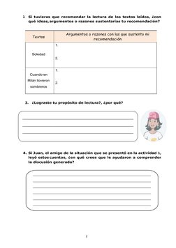 2 
 
 
Textos 
Argumentos o razones con las que sustento mi 
recomendación 
 
Soledad 
1.  
 
 
 
2.    
 
 
 
Cuando en 
Mil