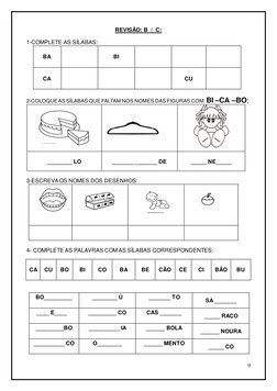 9 
 
REVISÃO: B  /  C: 
 
1-COMPLETE AS SÍLABAS: 
 
BA 
 
 
 
 
BI 
 
 
 
 
CA 
 
 
 
 
 
 
 
CU 
 
 
2-COLOQUE AS SÍLABAS QU