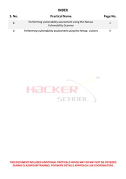 INDEX 
S. No. 
Practical Name 
Page No. 
1 
Performing vulnerability assessment using the Nessus 
Vulnerability Scanner