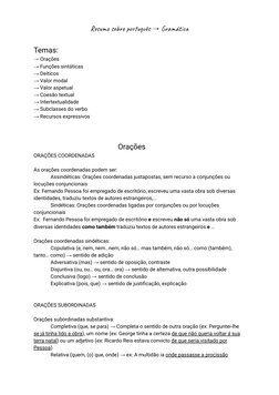 Resumo sobre português →Gramática
Temas:
→Orações
→Funções sintáticas
→Deíticos
→Valor modal
→Valor aspetual
→Coesão textual