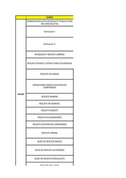 CURSO
rescate
Extricación I
Extricación II 
BUSQUEDA Y RESCATE URBANO
RESCATE PESADO Y ESTRUCTURAS COLAPSADAS
RESCATE EN ZANJ