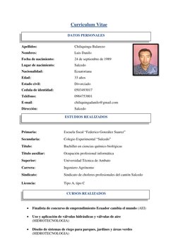 Curriculum Vitae 
 
 
Apellidos: 
 
 
 
Chiliquinga Balarezo 
Nombres: 
 
 
 
Luis Danilo 
Fecha de nacimiento: 
 
24 de sept