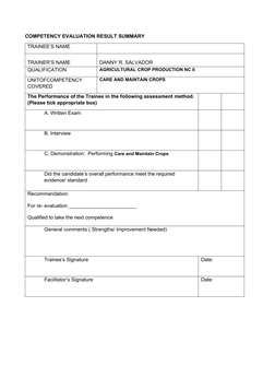 COMPETENCY EVALUATION RESULT SUMMARY
TRAINEE’S NAME
TRAINER’S NAME
DANNY R. SALVADOR
QUALIFICATION
AGRICULTURAL CROP PRODUCTI