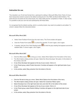 Instruction for use
This checklist is an rtf (rich text format) form, optimised for editing in Microsoft Office Word. Parts o