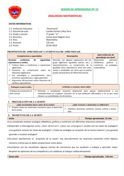 SESIÓN DE APRENDIZAJE Nº 15
                         ANALOGÍAS MATEMÁTICAS
DATOS INFORMATIVOS
1.1. Inst