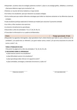 Responden: ¿Cuántas clases de analogías podremos resolver?, ¿Qué es una analogía gráfica, alfabética y numérica?,
¿Qué pasos