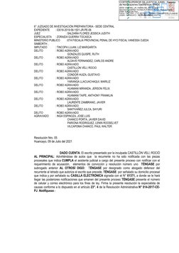 6° JUZGADO DE INVESTIGACIÓN PREPARATORIA - SEDE CENTRAL 
EXPEDIENTE 
: 03018-2019-56-1501-JR-PE-06 
JUEZ 
 
 
: SALDAÑA FLO