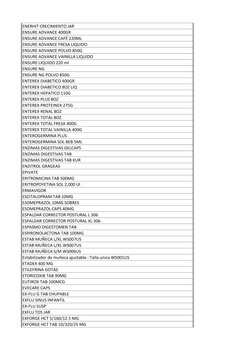 ENERHIT CRECIMIENTO JAR
ENSURE ADVANCE 400GR
ENSURE ADVANCE CAFÉ 220ML
ENSURE ADVANCE FRESA LIQUIDO
ENSURE ADVANCE POLVO 850G