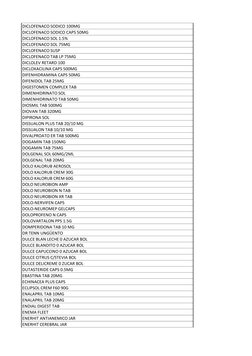 DICLOFENACO SODICO 100MG
DICLOFENACO SODICO CAPS 50MG
DICLOFENACO SOL 1.5%
DICLOFENACO SOL 75MG 
DICLOFENACO SUSP
DICLOFENACO
