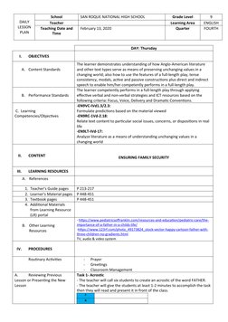 Grade 9 English Lesson Plan on Family Values | PDF | Learning | Teachers