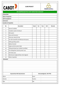 CLMB PROJECT
AIR COMPRESSOR PRE START INSPECTION CHECKLIST
Project/Site
:
Date of Inspection
:
S/N of equipment
:
Contractor