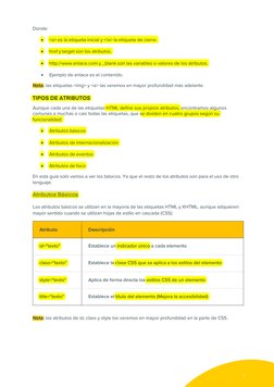 5 
Donde: 
• 
<a> es la etiqueta inicial y </a> la etiqueta de cierre. 
• 
href y target son los atributos. 
• 
http:/
