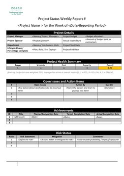 Project Status Weekly Report # 
<Project Name > for the Week of <Date/Reporting Period> 
Project Details 
Project Mana