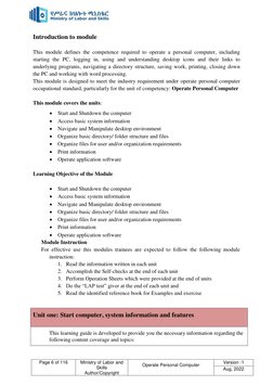 Page 6 of 116 
 
Ministry of Labor and 
Skills 
Author/Copyright 
Operate Personal Computer 
 
Version -1 
Aug, 2022 
 
Int