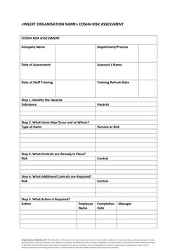 <INSERT ORGANISATION NAME> COSHH RISK ASSESSMENT 
COSHH RISK ASSESSMENT 
Company Name
Department/Process
Date of Assessment
A