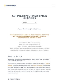 (https://gotranscript.com/)GOTRANSCRIPT'S TRANSCRIPTION
GUIDELINES
English
You can find the test job at the bottom.
THE FILE