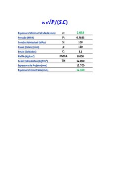 Espessura Mínima Calculada (mm)
e:
7.058
Pressão (MPA)
P:
0.7845
Tensão Admissível (MPA)
S:
108
Passo (Estais) (mm)
p
120
Est