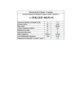 Memorial de Cálculo - Costado
Fórmula Espessura Mínima Costado- ASME VIII DIV. I
Espessura Mínima Calculada (mm)
e:
3.41
Pres