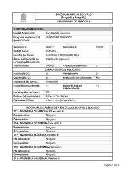PROGRAMA OFICIAL DE CURSO
(Pregrado y Posgrado)
UNIVERSIDAD DE ANTIOQUIA
1. INFORMACIÓN GENERAL
Unidad Académica: 
Facultad d