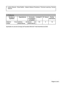 James Stewart.  Rotar Redhin.  Saleem Watson Precálculo. Thomson Learning. Tercera 
Edición.
 
4. Profesores
Nombres y 
Apell