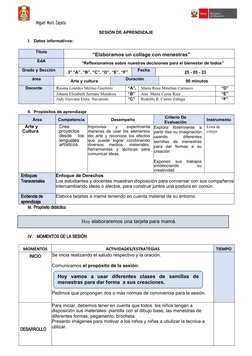 Miguel Muro Zapata
SESIÓN DE APRENDIZAJE
I.
Datos informativos:
Titulo
“Elaboramos un collage con menestras”
EdA
“Reflexionam