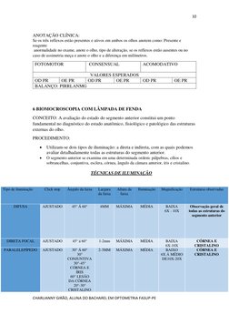 10 
 
CHARLIANNY GIRÃO, ALUNA DO BACHAREL EM OPTOMETRIA FASUP-PE 
 
 
ANOTAÇÃO CLÍNICA:  
Se os três reflexos estão presentes