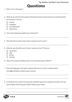 Questions
1.	 Who is ‘he’ in the poem?

2.	 What do we call the literary device that gives human characteristics to somethin