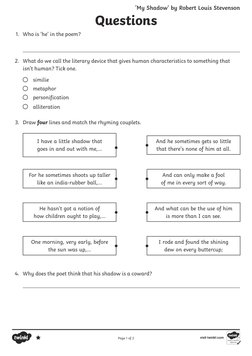 Questions
1.	 Who is ‘he’ in the poem?

2.	 What do we call the literary device that gives human characteristics to somethin