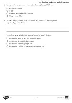 5.	 Who does the narrator mean when using the word ‘nursie’? Tick one.
   the poet’s shadow 
   a fool
   someone who looks a