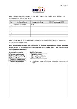 FRQ/V2/07/22
PART 4: PROFESSIONAL CERTIFICATE/ COMPETENCY CERTIFICATE/ LICENSE IN TECHNOLOGY AND 
TECHNICAL (start with the m