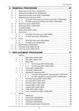 XNT5P*RDA002E
5
6. REMOVAL PROCEDURE . . . . . . . . . . . . . . . . . . . . . . . . . . .67
6 .
1
Measuring Unit Left Cover