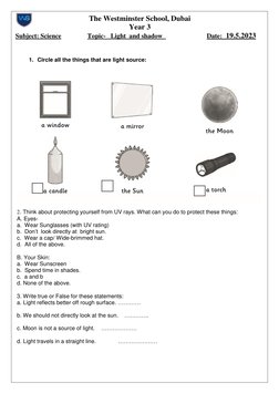Light and Shadow Activities for Year 3 | PDF | Sunglasses | Light