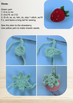 Stem:
Green yarn
1: 6 sc in mc 
2: (inc)*6, ss (12) 
3: (5 ch, ss, sc, hdc, dc, skip 1 stitch, ss)*6
F.o. and leave a long ta