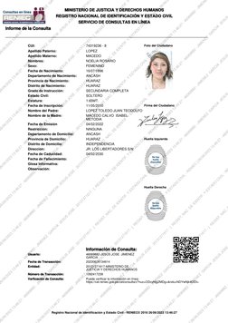 MINISTERIO DE JUSTICIA Y DERECHOS HUMANOS
REGISTRO NACIONAL DE IDENTIFICACIÓN Y ESTADO CIVIL
SERVICIO DE CONSULTAS EN LÍNEA
I