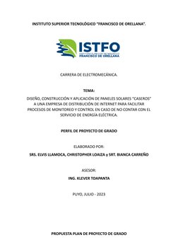 INSTITUTO SUPERIOR TECNOLÓGICO “FRANCISCO DE ORELLANA”. 
 
 
 
CARRERA DE ELECTROMECÁNICA. 
 
TEMA: 
DISEÑO, CONSTRUCCIÓN Y A