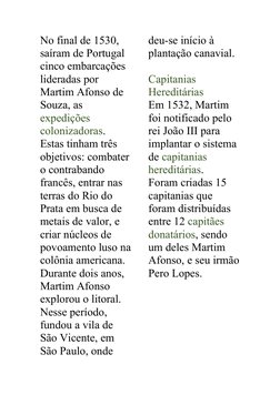 No final de 1530, 
saíram de Portugal 
cinco embarcações 
lideradas por 
Martim Afonso de 
Souza, as 
expedições 
colonizador