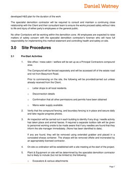 Page 7 
 
developed H&S plan for the duration of the work 
 
The specialist demolition contractor will be required to c