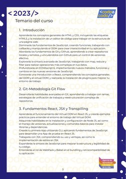 Temario del curso
1. Introducción
Aprenderás los conceptos generales de HTML y CSS, incluyendo las etiquetas
HTML5, y la inst