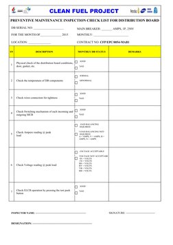 CLEAN FUEL PROJECT 
PREVENTIVE MAINTENANCE INSPECTION CHECK LIST FOR DISTRIBUTION BOARD
DB SERIAL NO: ____________________
MA