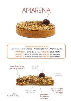 SABORES PRINCIPALES: 
Cerezas – Almendras – Chocolate 75% - Mantequilla. 
TAMAÑO: 14 cms diametro PRECIO: $370 MXN 
TAMAÑO:
