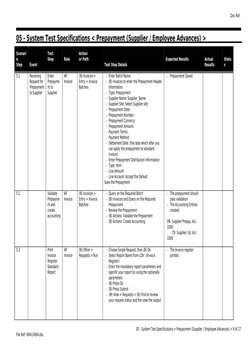 05 - System Test Specifications < Prepayment (Supplier / Employee Advances) >
Scenari
o
Step
Event
Test
Step
Role
Action
or P